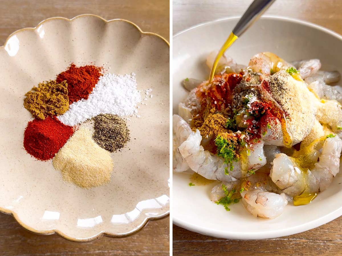 adding seasonings to the shrimp marinade