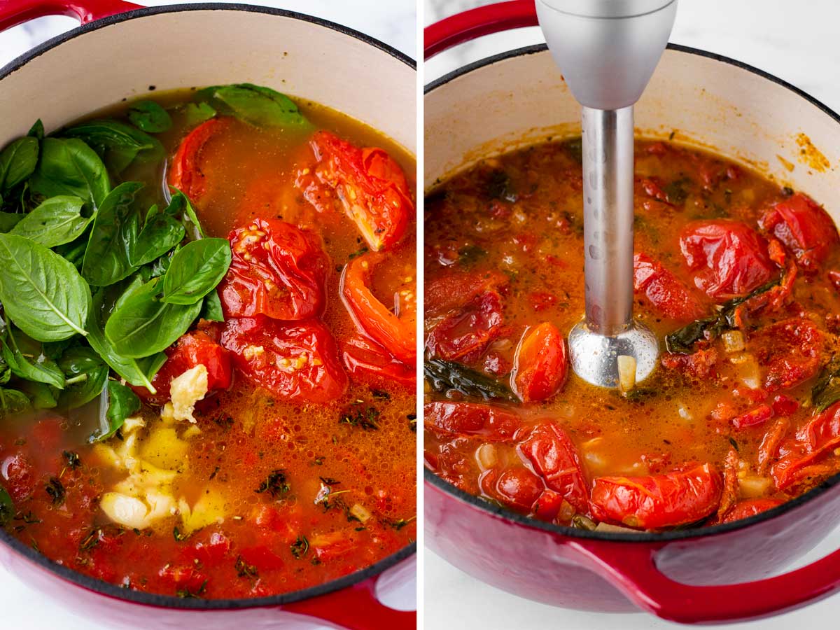 blending soup with immersion blender