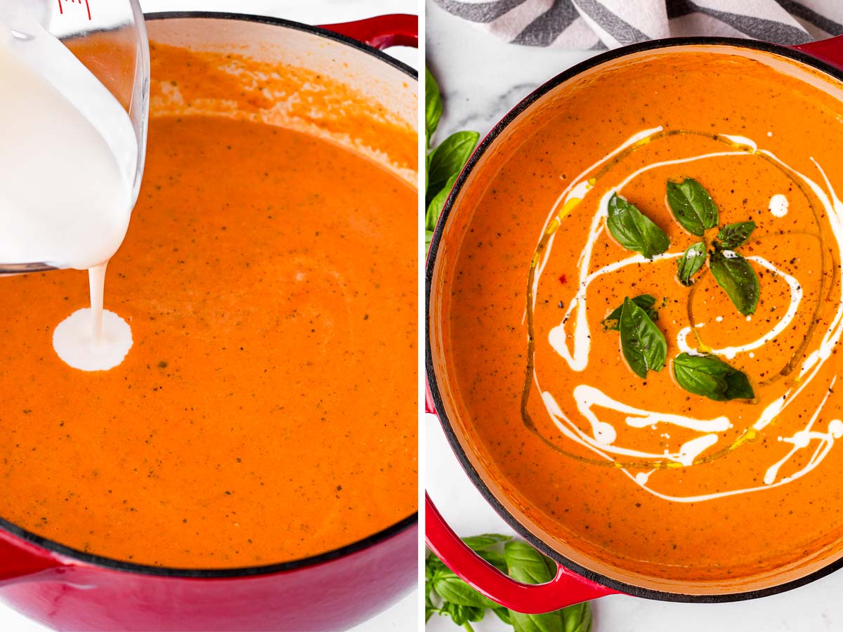 adding cream and garnish to the soup