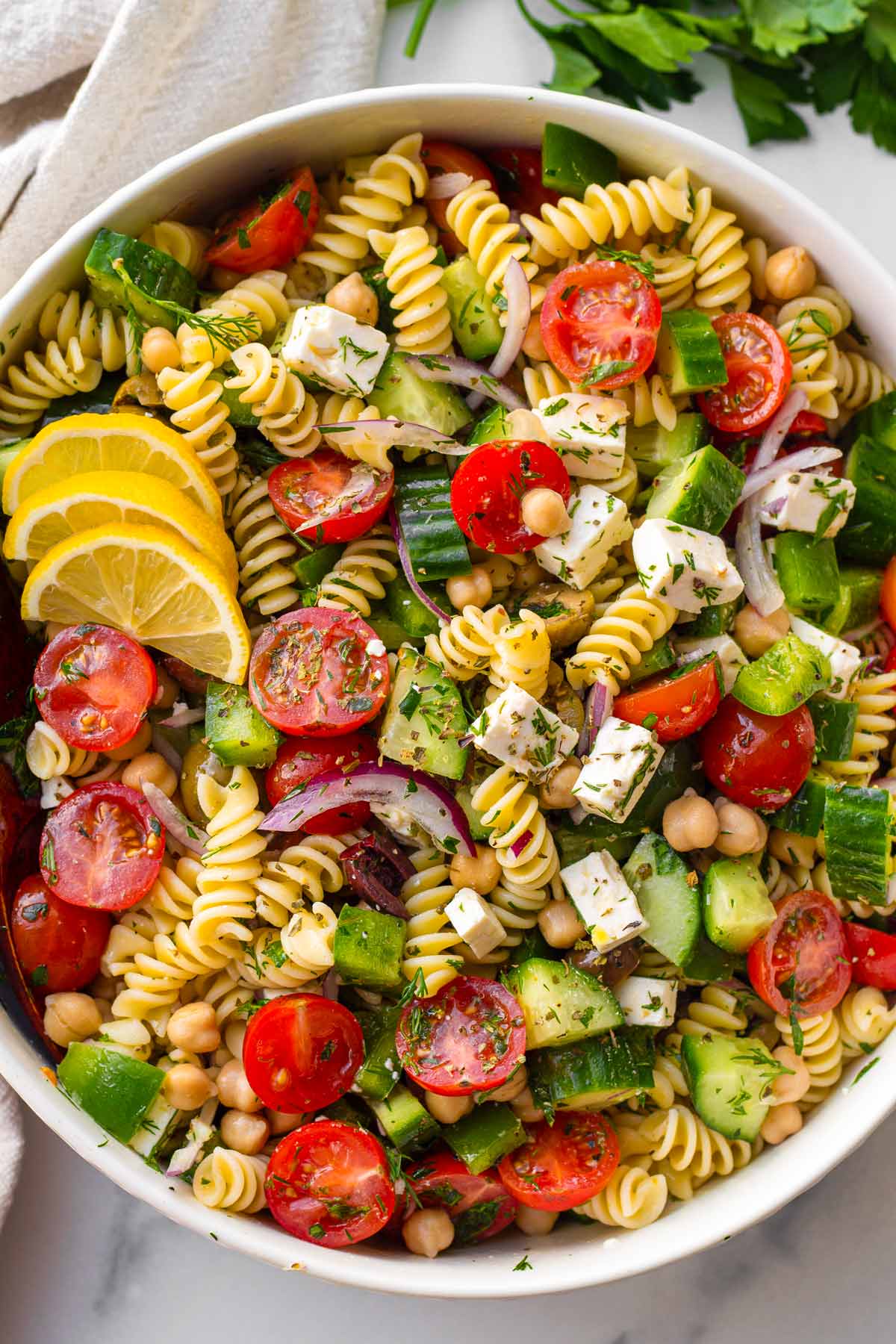 bowl of greek pasta salad