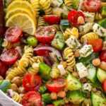 easy greek pasta salad in bowl