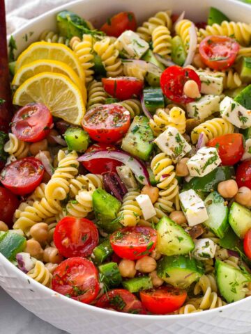 easy greek pasta salad in bowl
