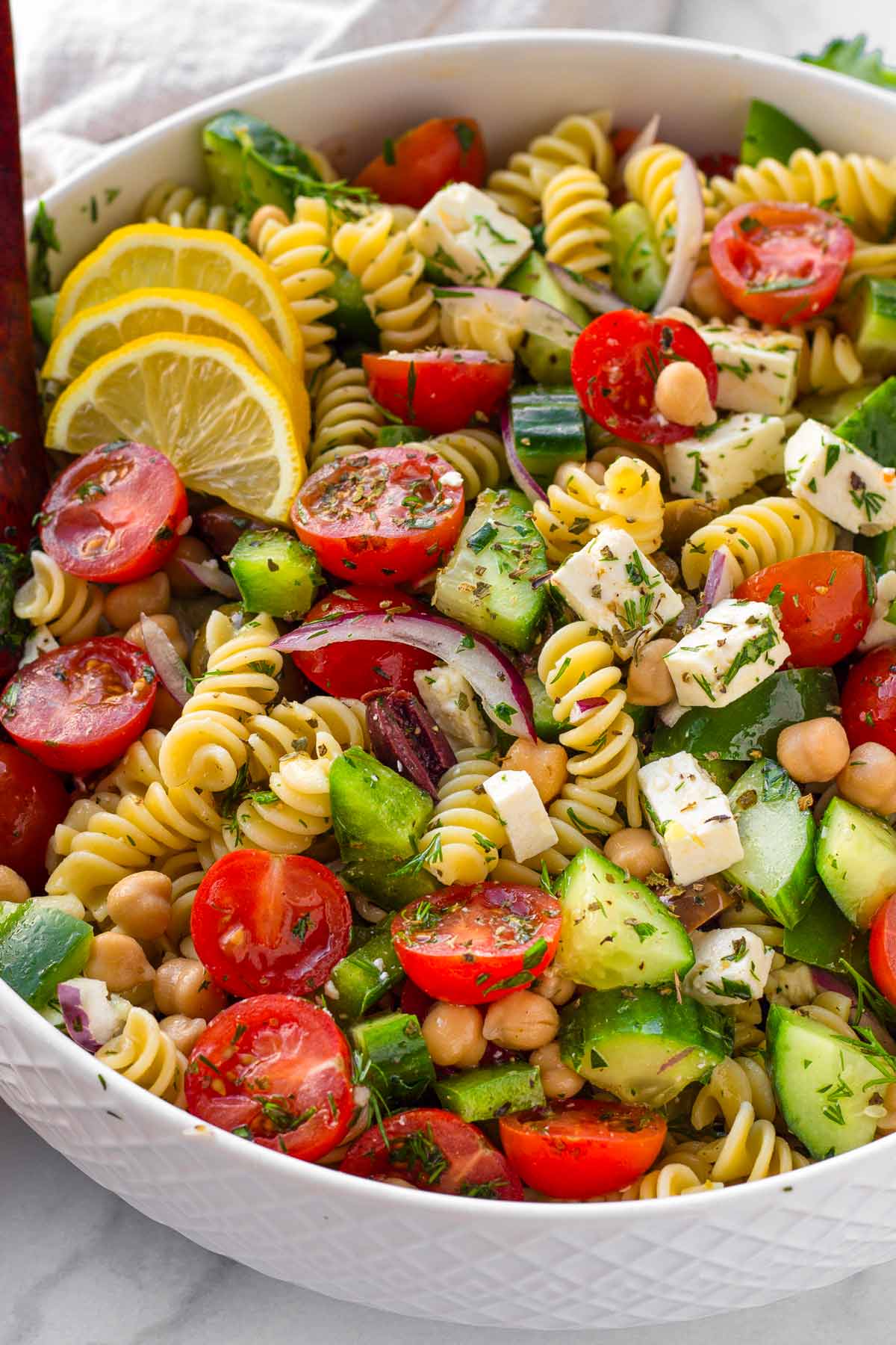 easy greek pasta salad in bowl