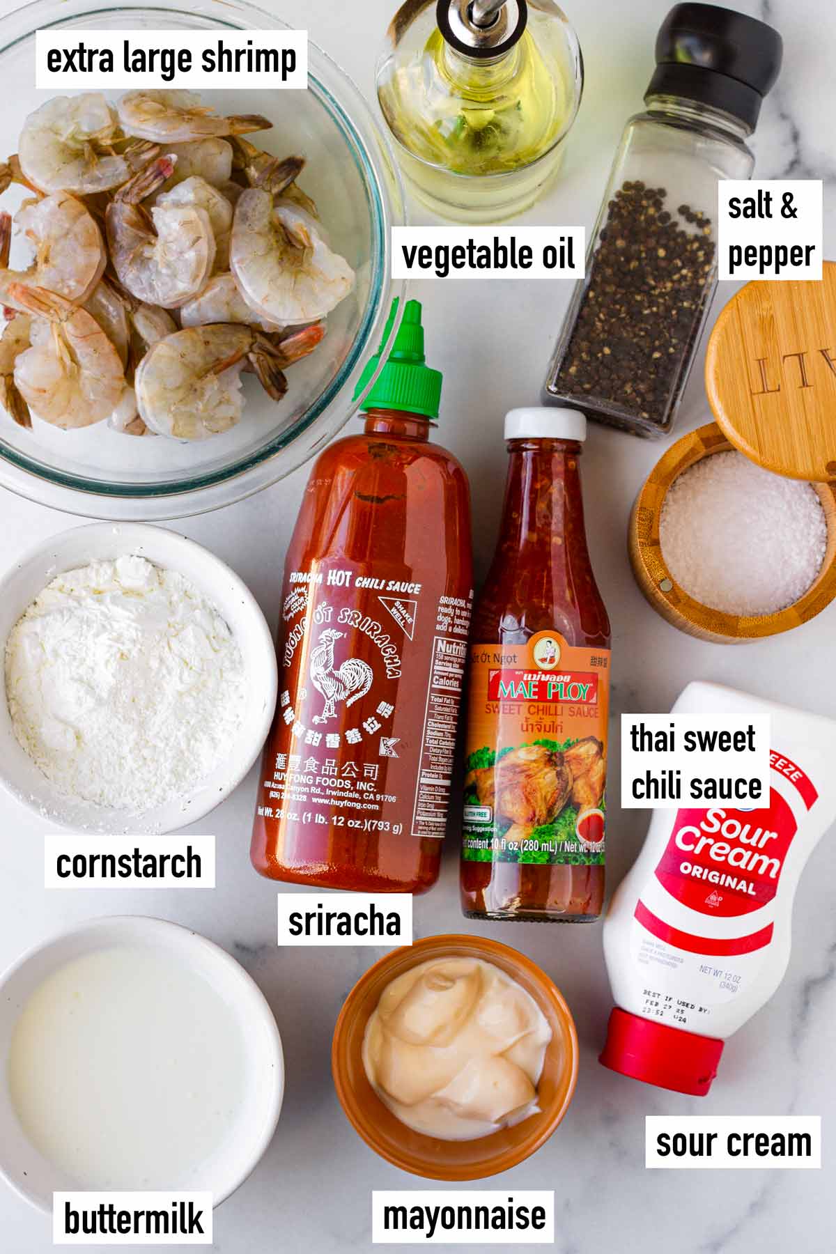 labeled ingredients for the fried shrimp and the sauce