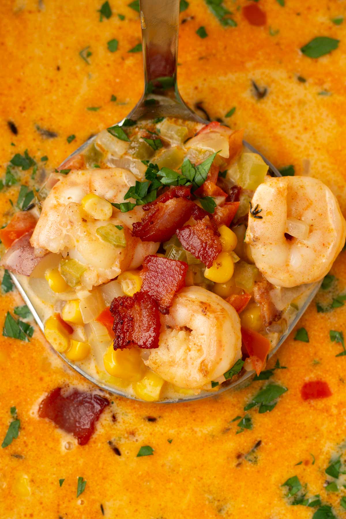 a ladle full of creamy shrimp corn chowder