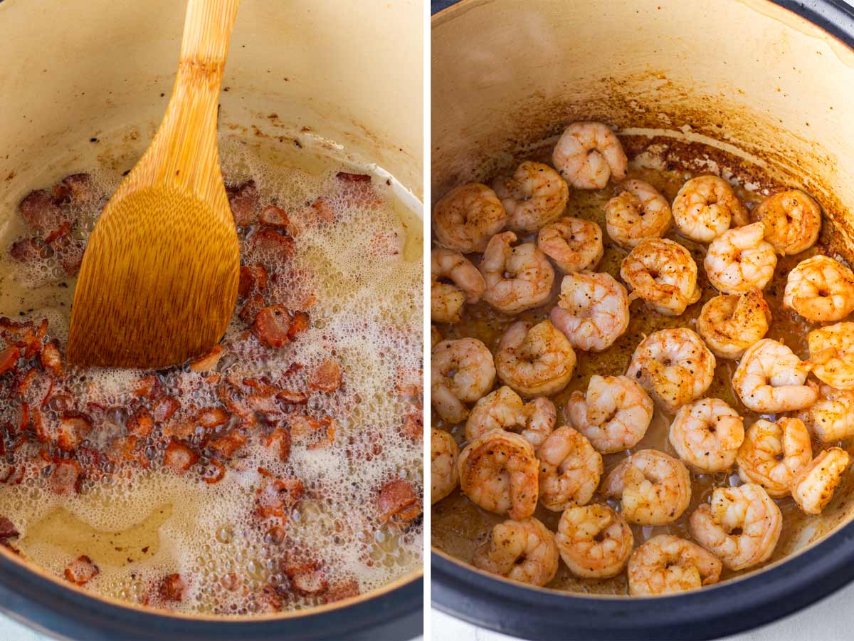 cooking bacon and shrimp in a dutch oven