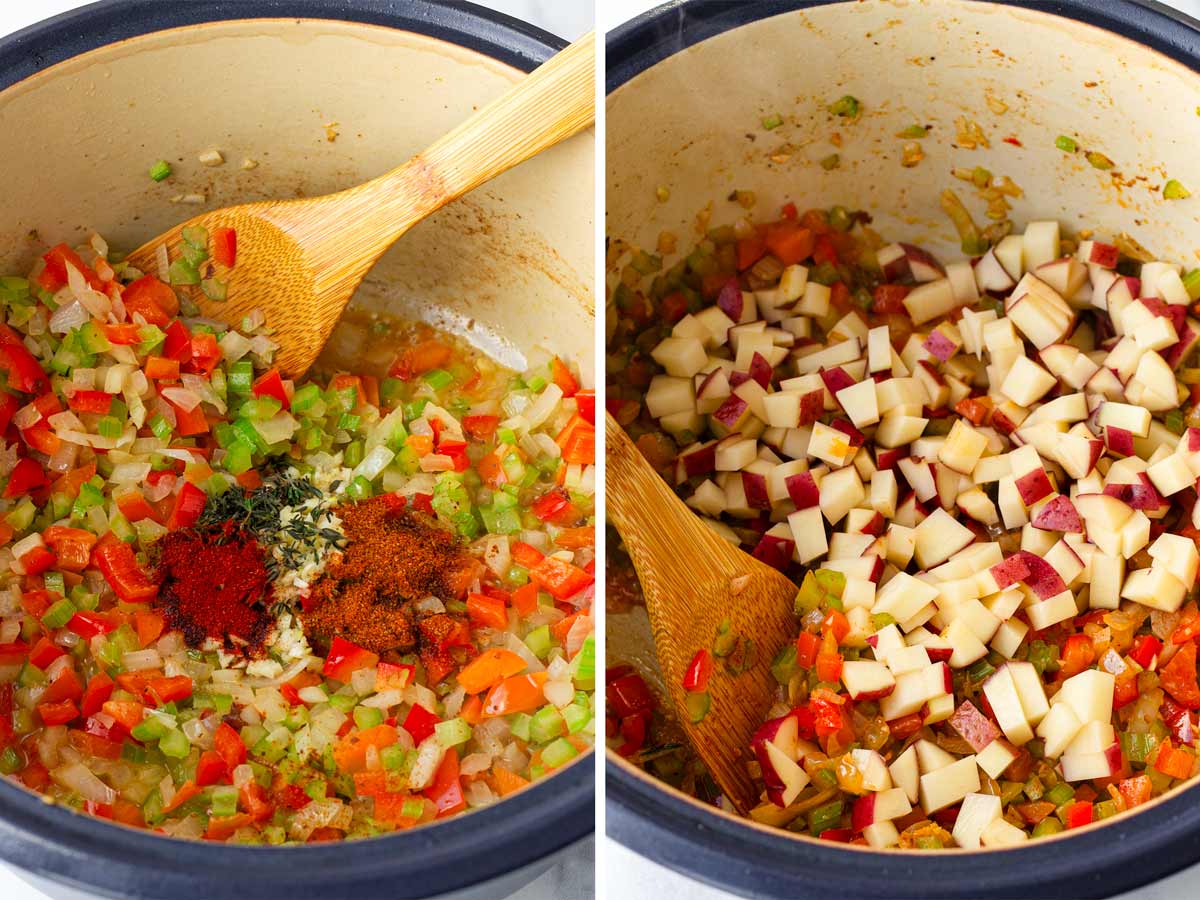 cooking veggies and aromatics in a pot