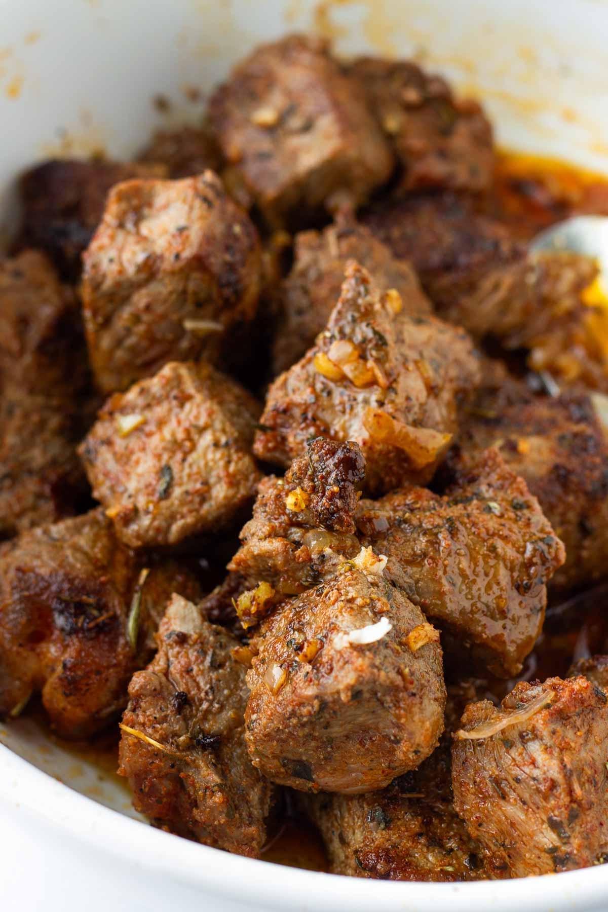 seared steak bites tossed with butter