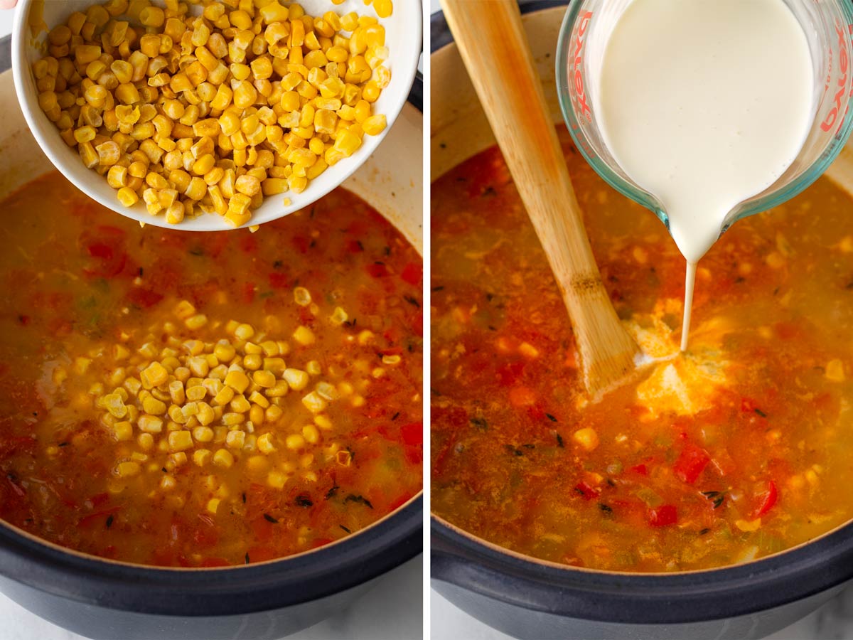 adding corn and cream to the soup