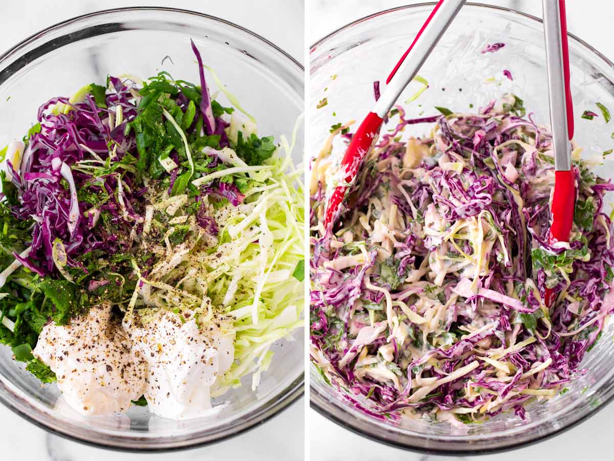 tossing the slaw ingredients in a bowl with tongs