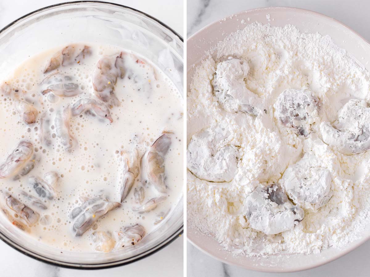 dredging shrimp with buttermilk and cornstarch coating