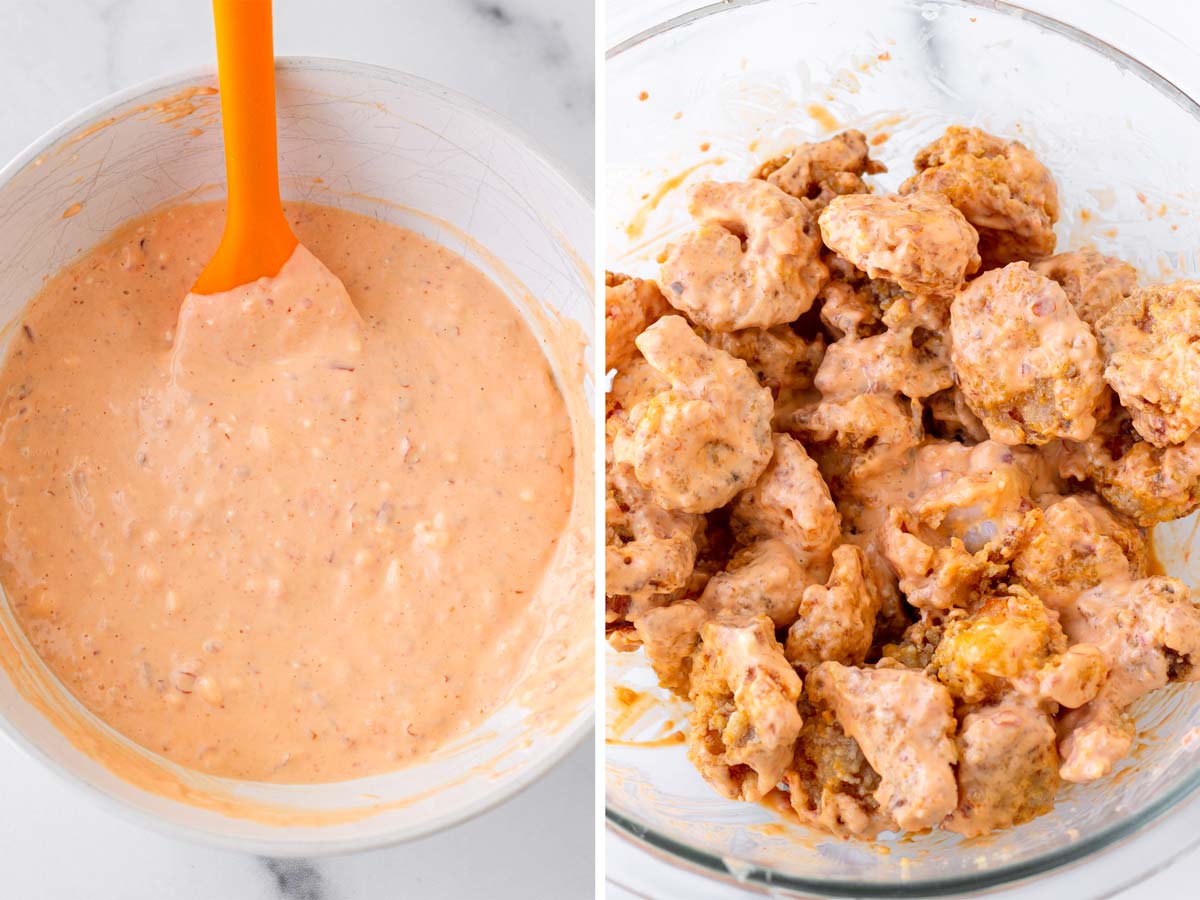 mixing the sauce and tossing it with shrimp