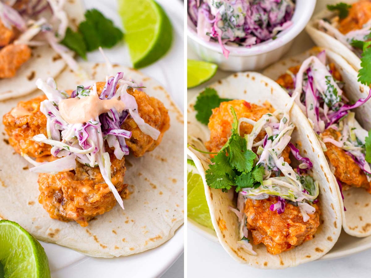 assembling bang bang shrimp tacos
