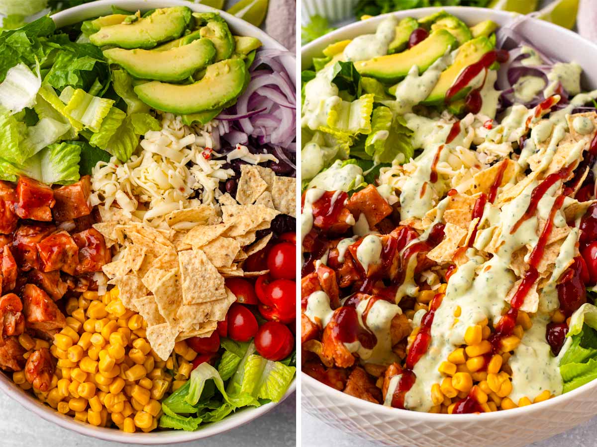 assembled salad ingredients in bowl