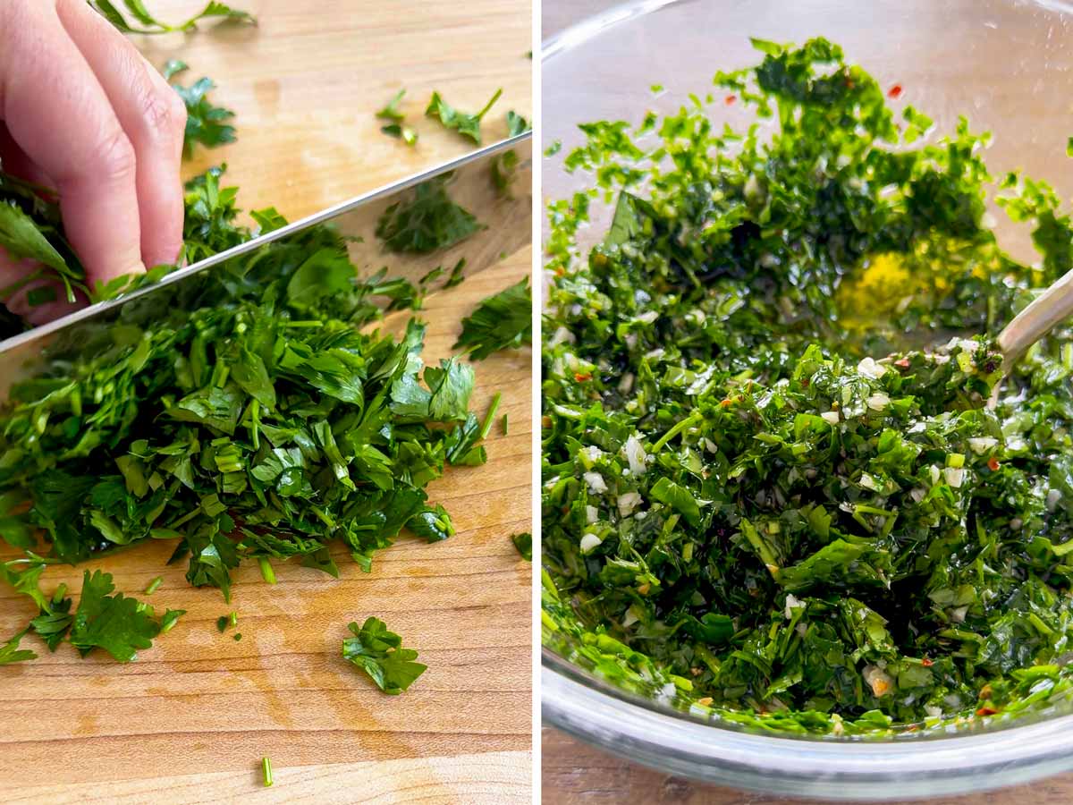 chopping and preparing chimchurri sauce