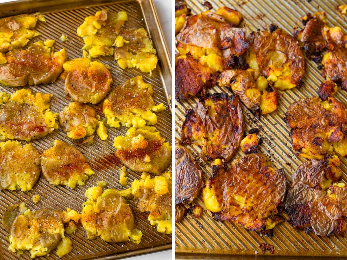 seasoned and roasted smashed potatoes on a sheet pan