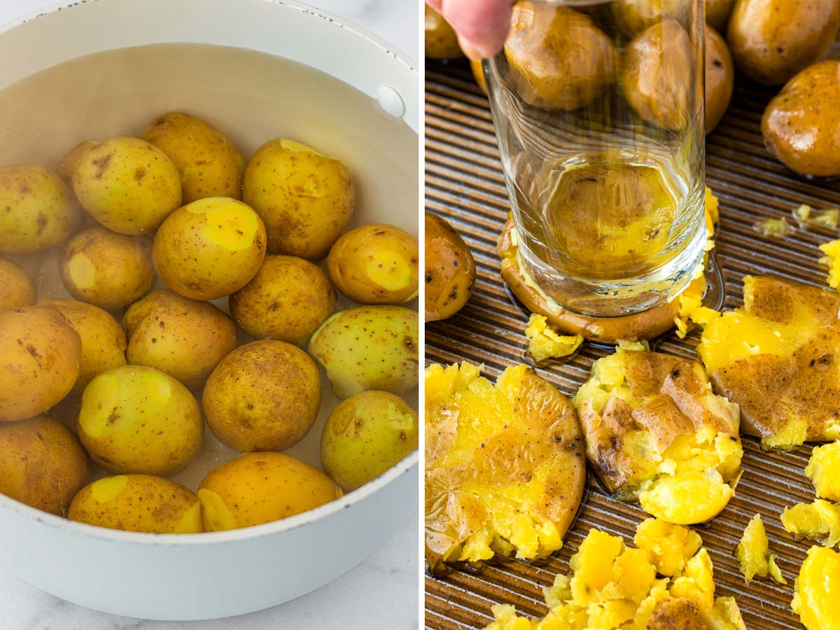 par boiling and smashing potatoes