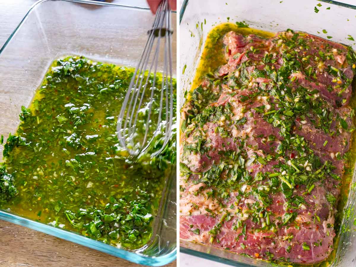 marinating skirt steak in a container