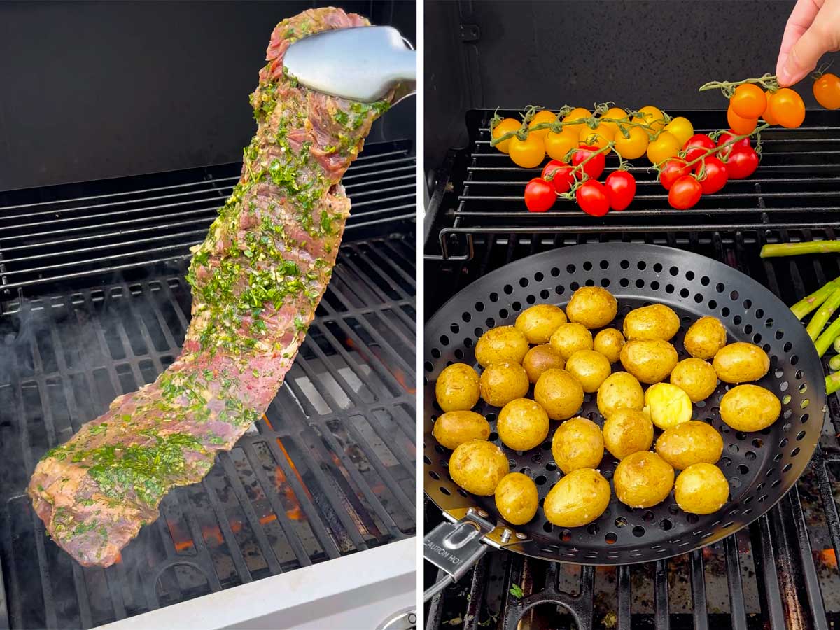 grilling steak and vegetables