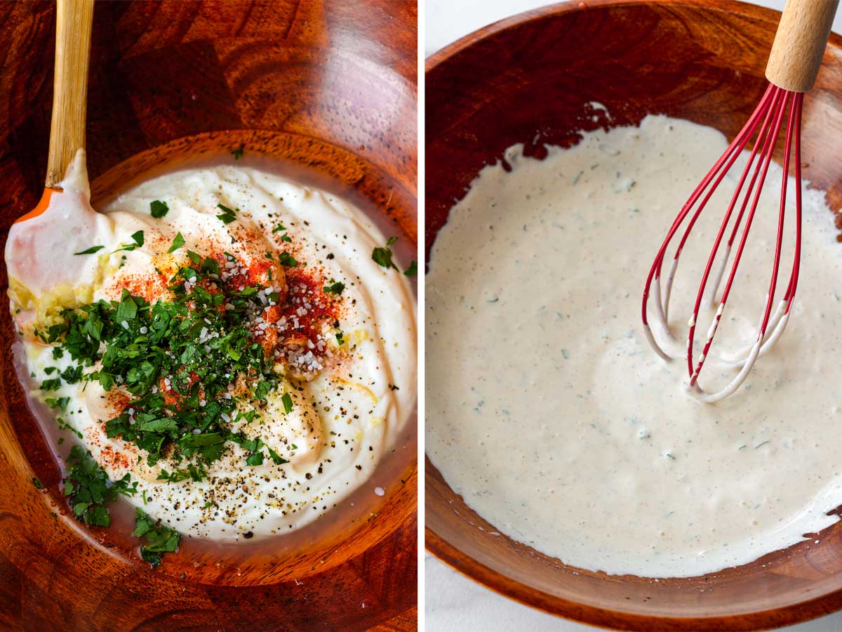 whisking the creamy dressing in a wooden bowl