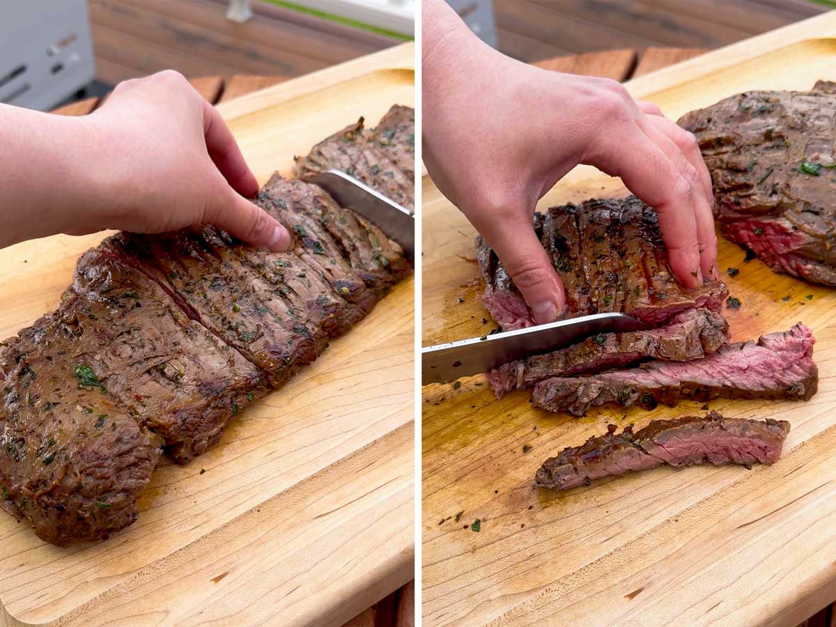 slicing skirt steak agains the grain