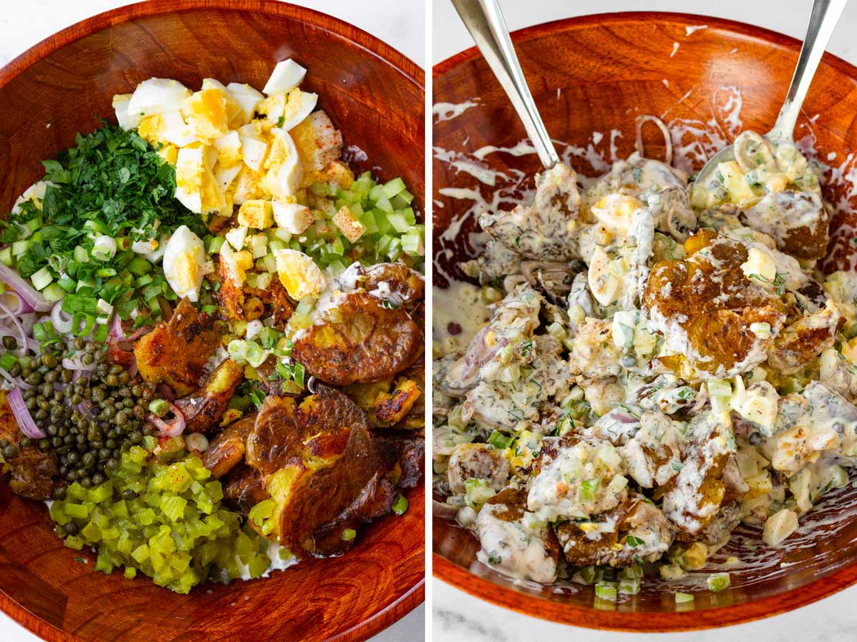 tossing all the salad ingredients in a wooden bowl