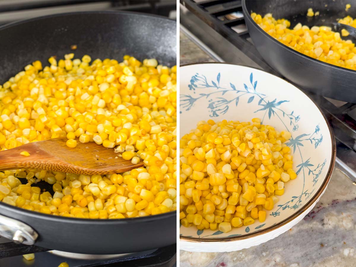 sauteing corn kernels in a skillet