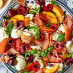 peach burrata salad with prosciutto, cherries, and balsamic glaze