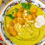 summer corn gazpacho with tomato and corn garnish