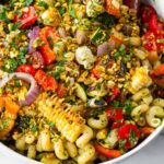 grilled vegetable pasta salad with feta and pistachios