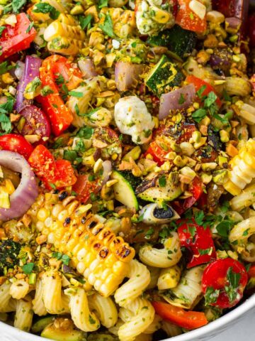 grilled vegetable pasta salad with feta and pistachios