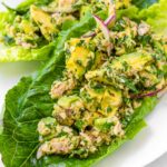 avocado tuna salad on romaine lettuce