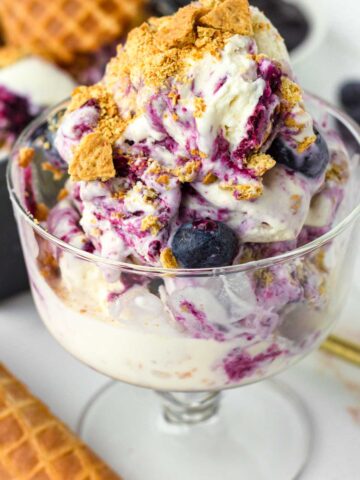 cup of blueberry cheesecake ice cream with topping