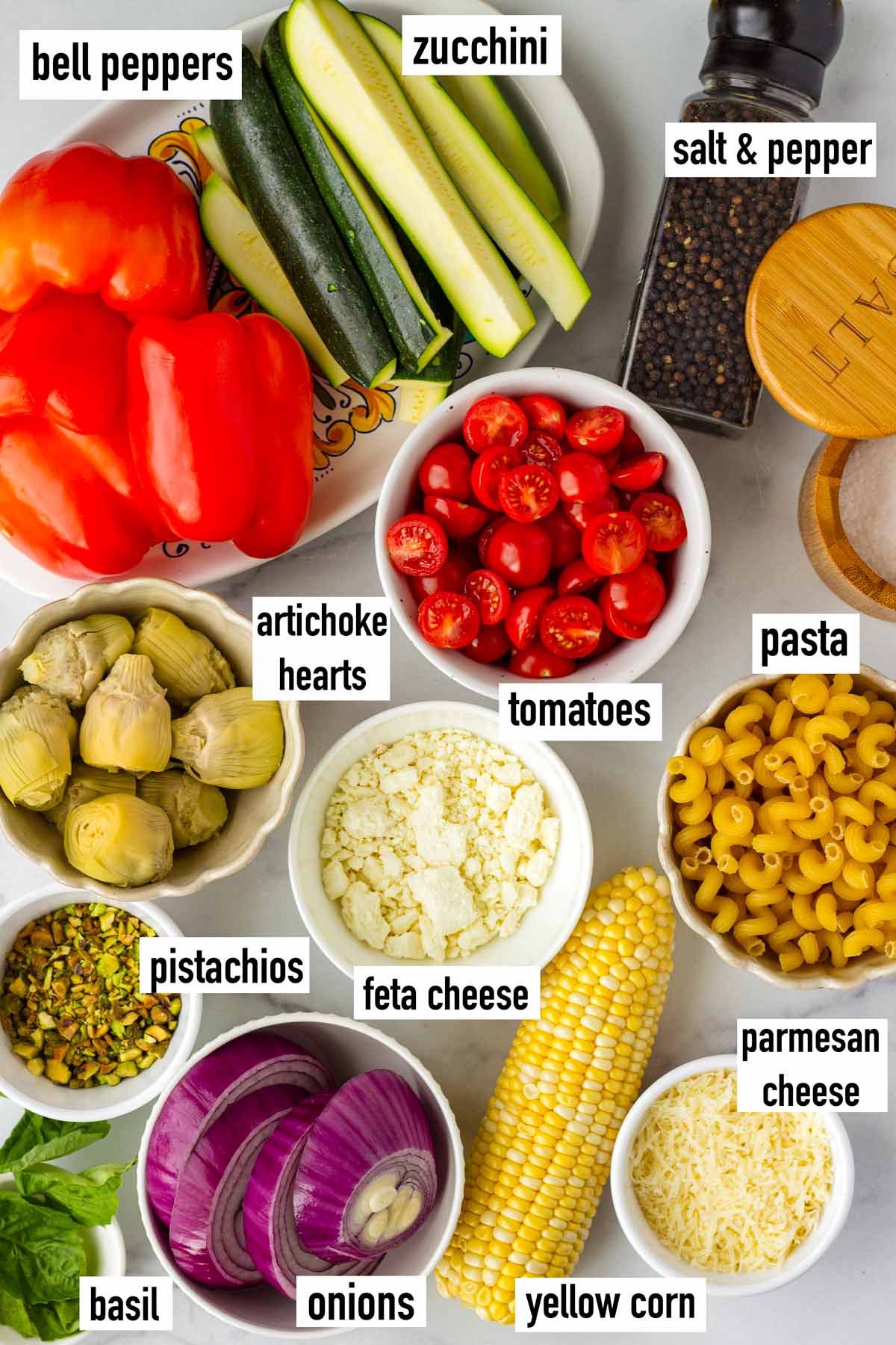 labeled ingredients for pasta salad