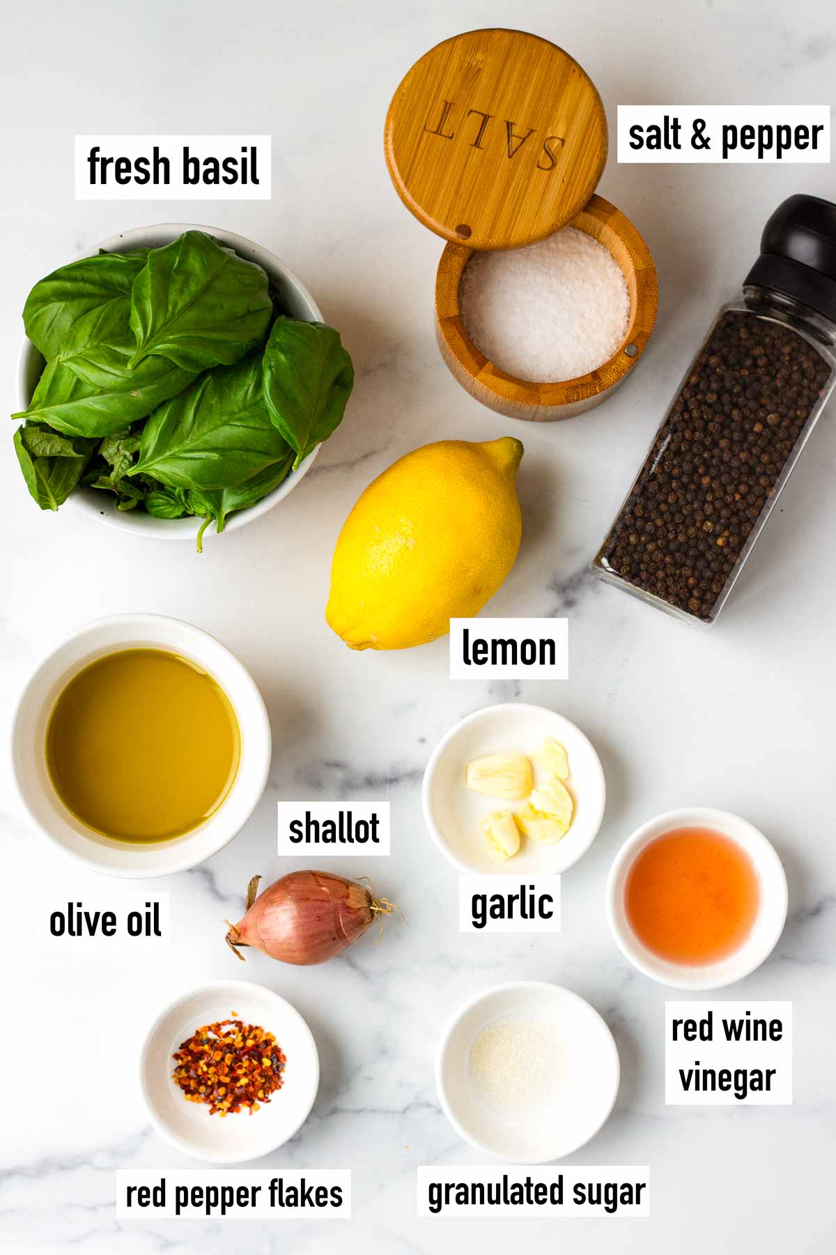 labeled ingredients for lemon basil vinaigrette