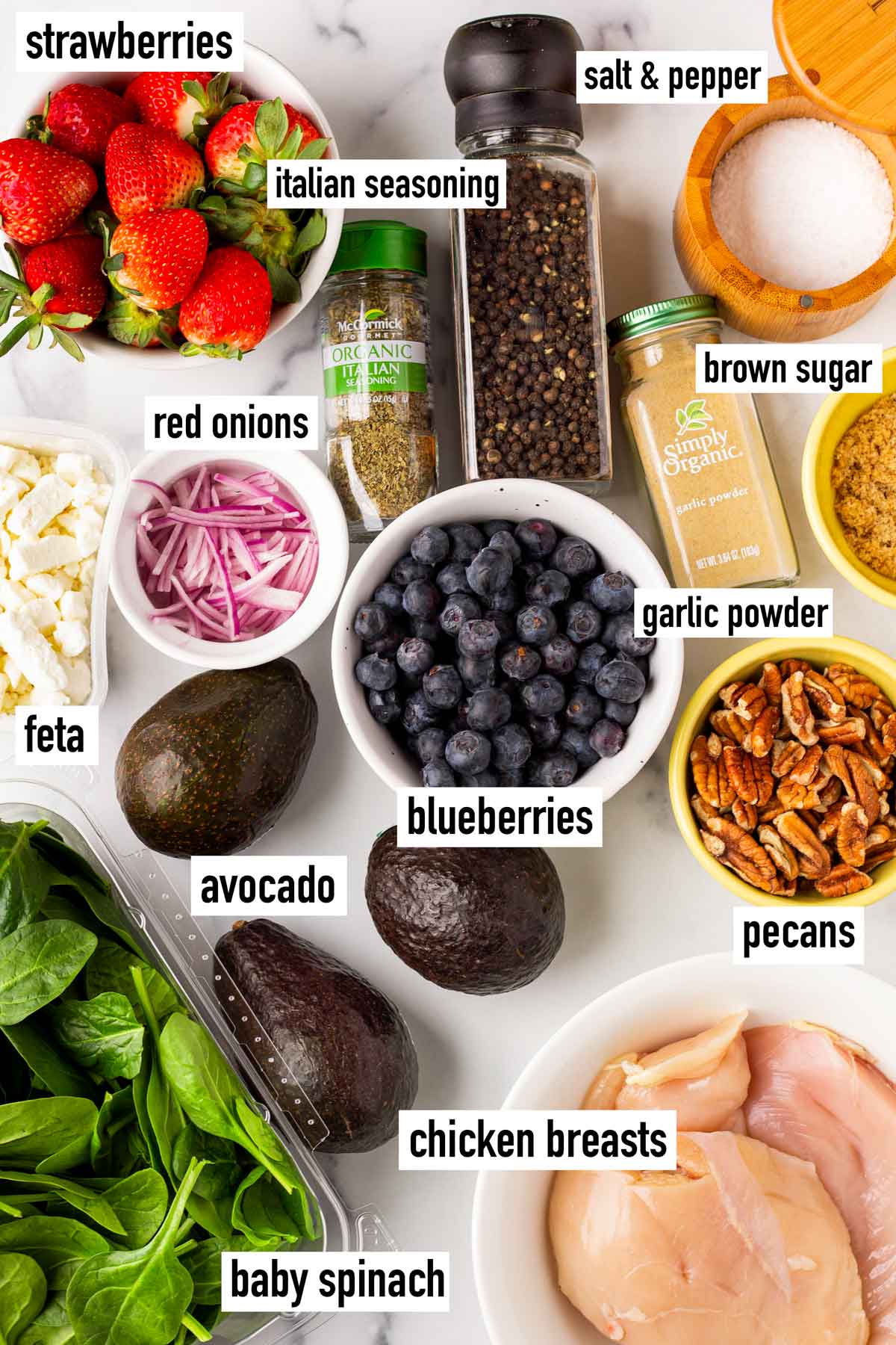 labeled ingredients for assembling salad