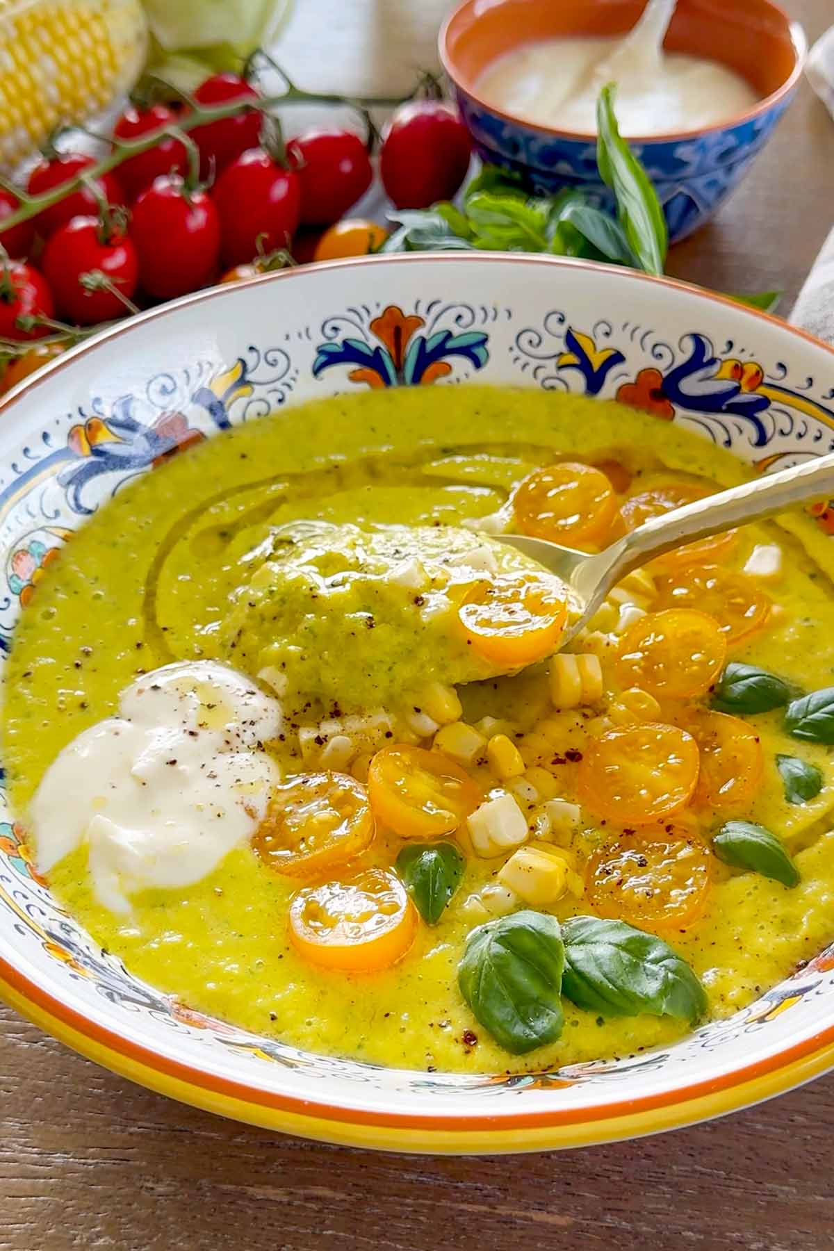 a spoonful of thick and chunky summer corn gazpacho
