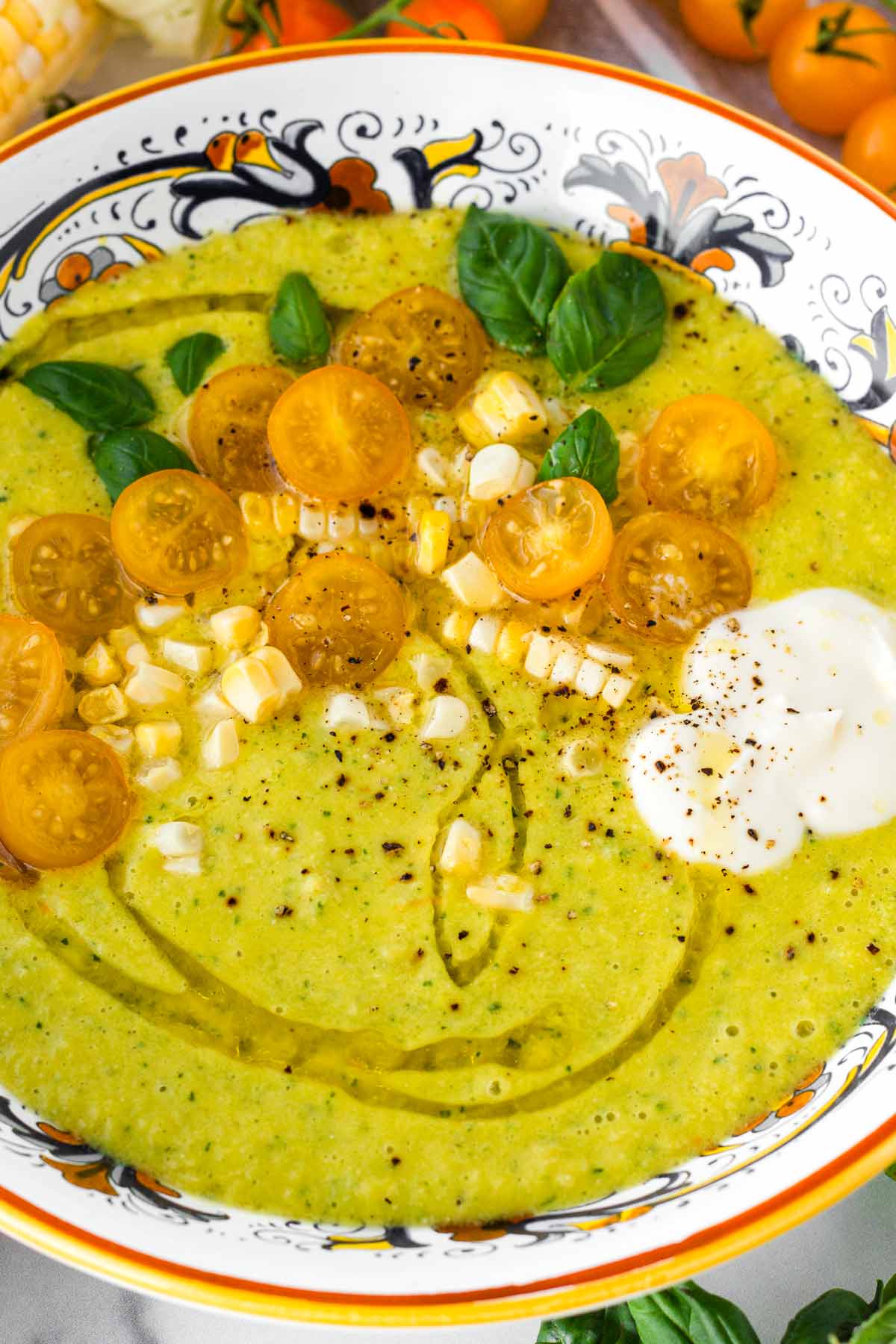 summer corn gazpacho with corn garnish