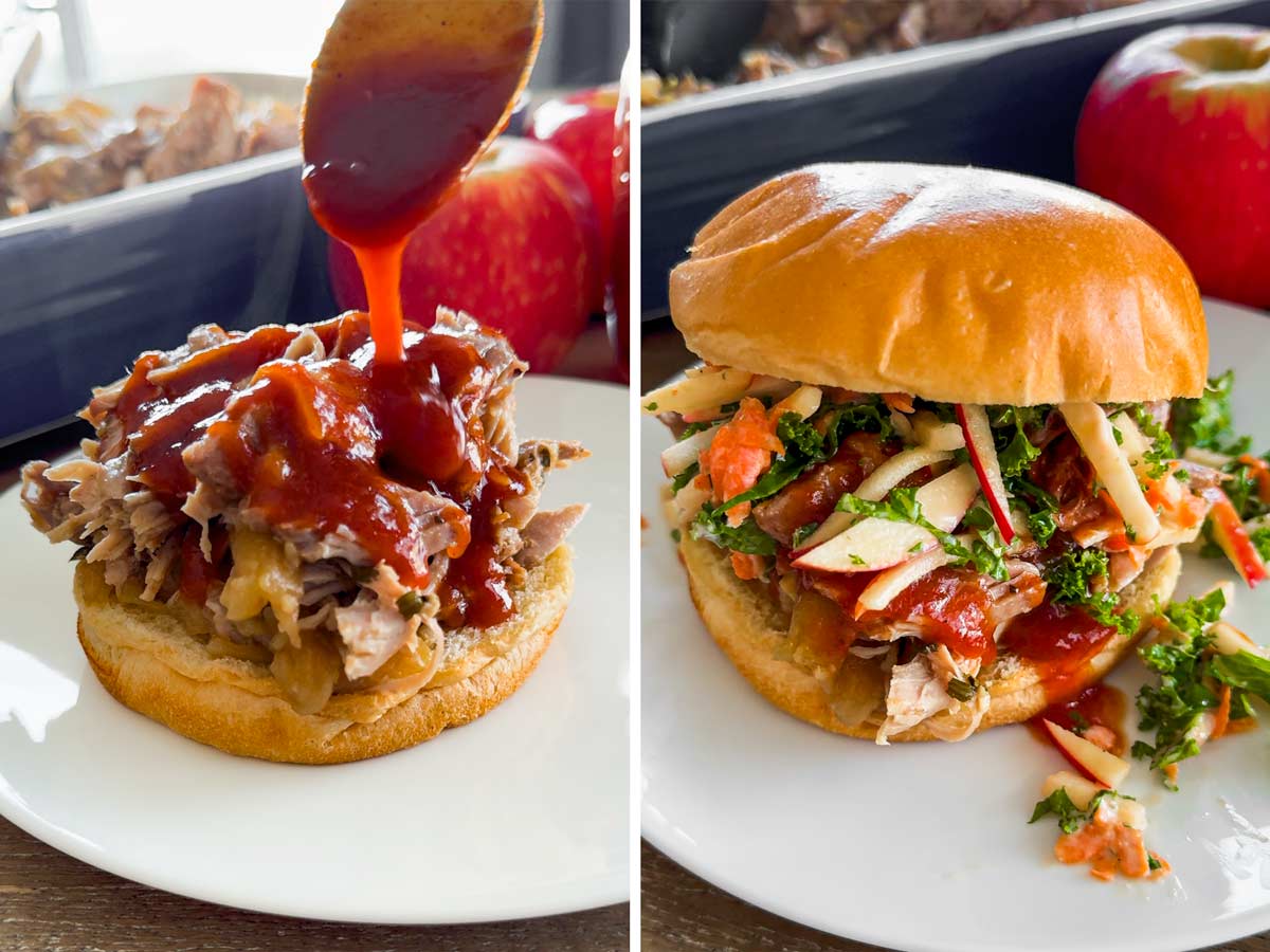 spooning bbq sauce on pulled pork sandwiches