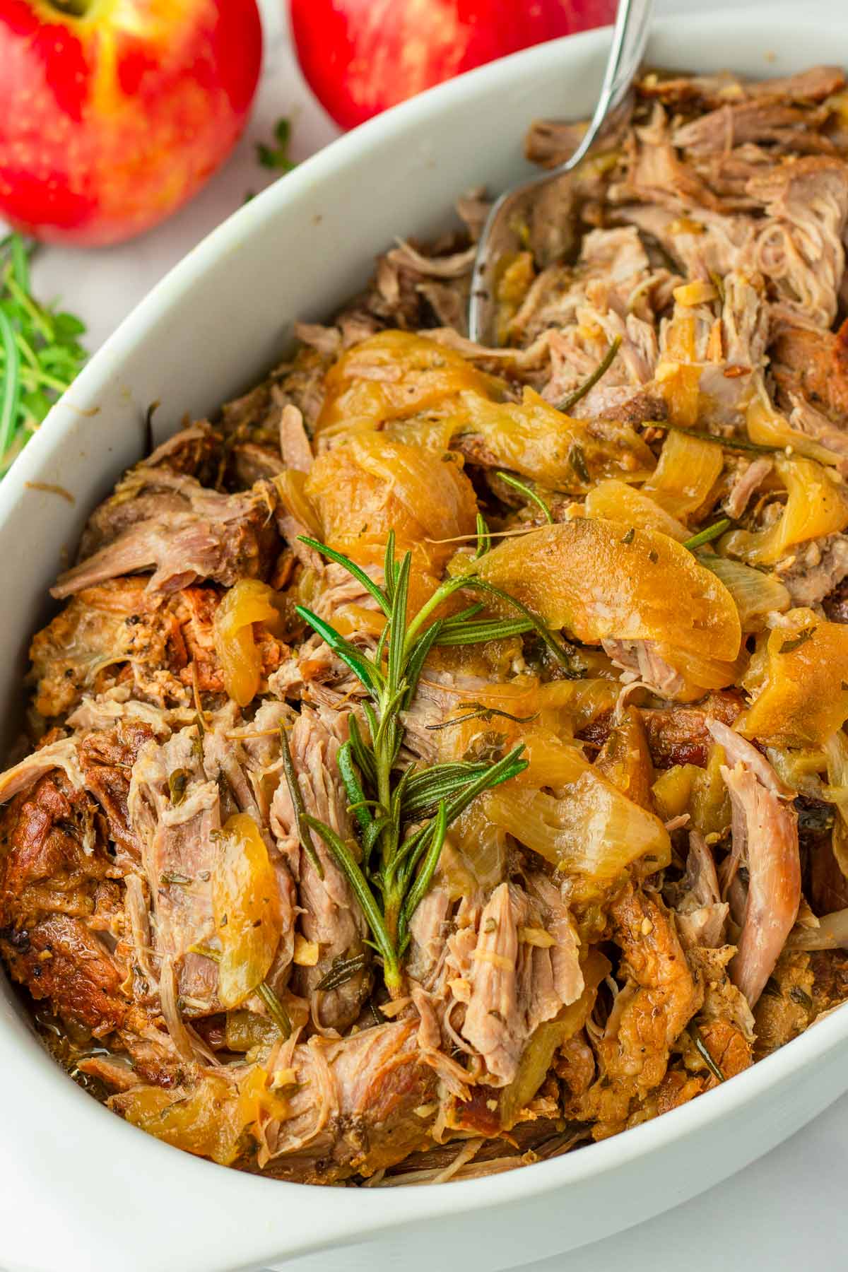 shredded pulled pork braised in apple cider liquid