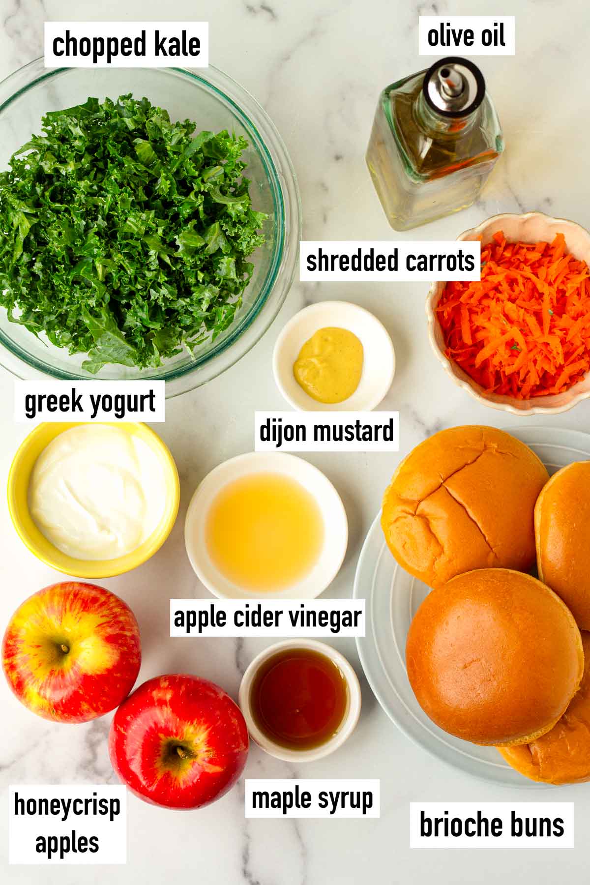 labeled ingredients for slaw and buns
