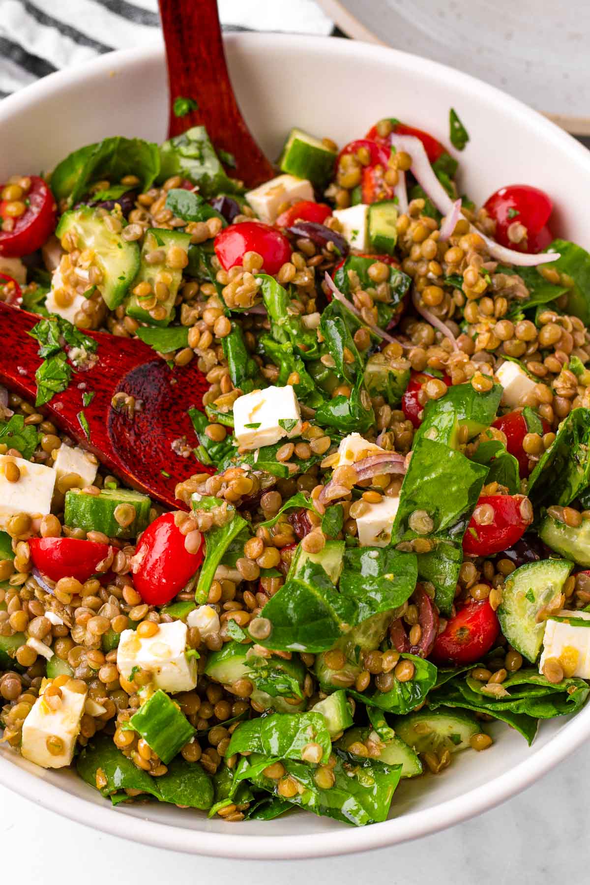 bowl with mediterranean lentil salad tossed with fresh vegetables