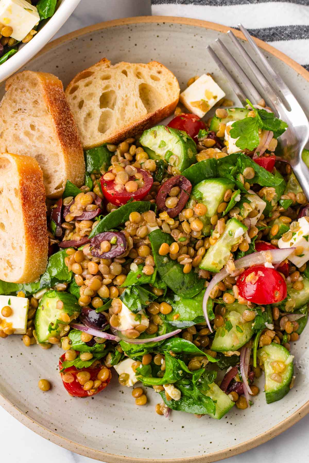 mediterranean lentil salad with bread on a plate