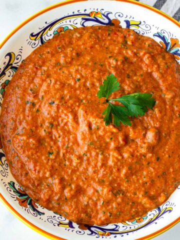 romesco sauce in a colorful bowl