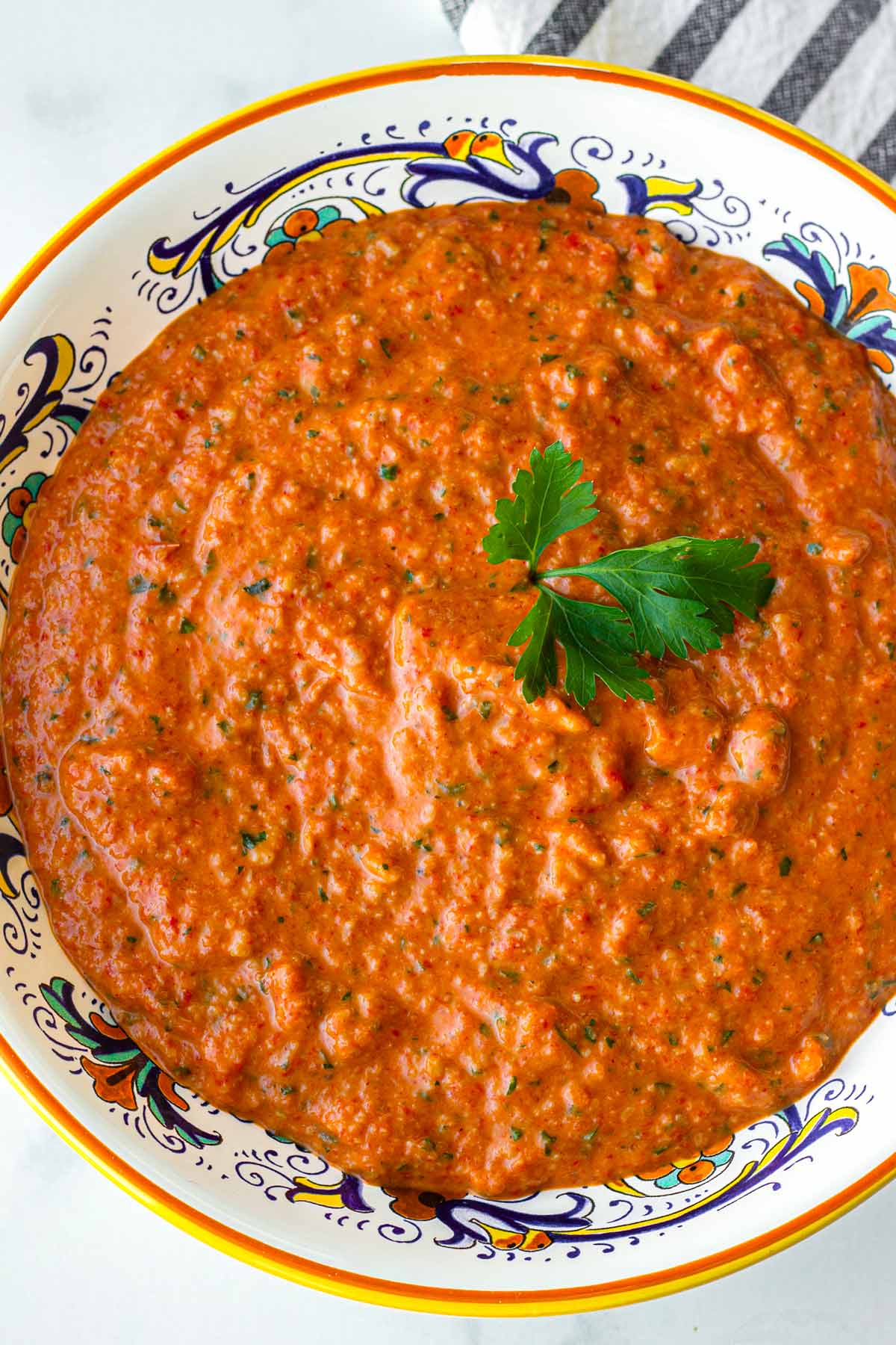 romesco sauce in a colorful bowl