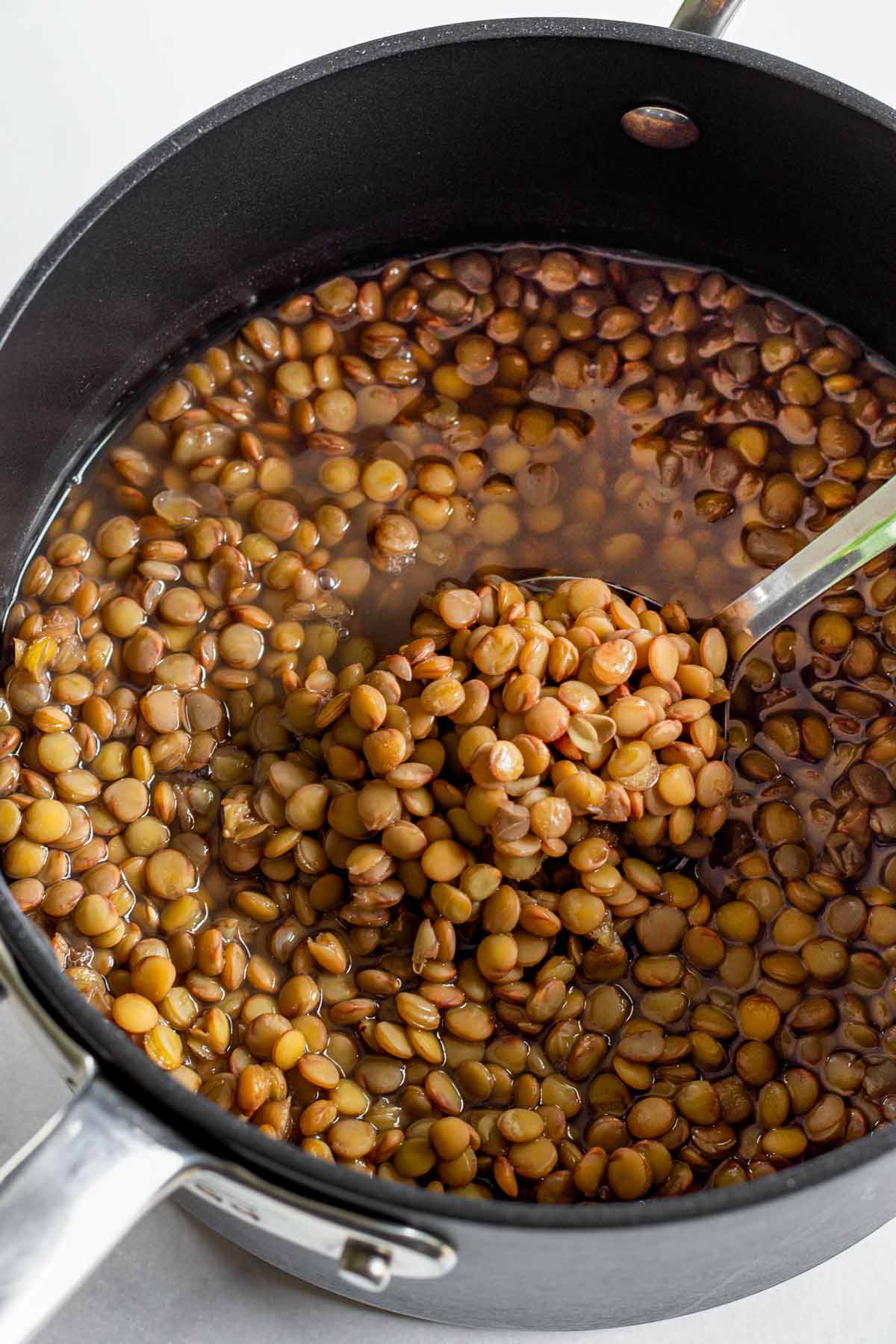 cooked lentils in a pot