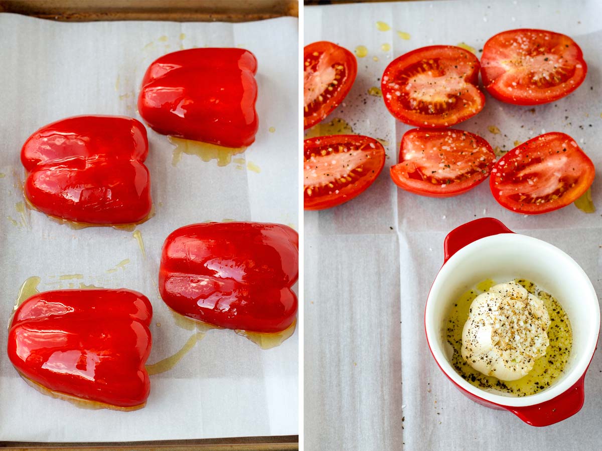 arranged bell peppers, tomatoes and garlic in sheet pans