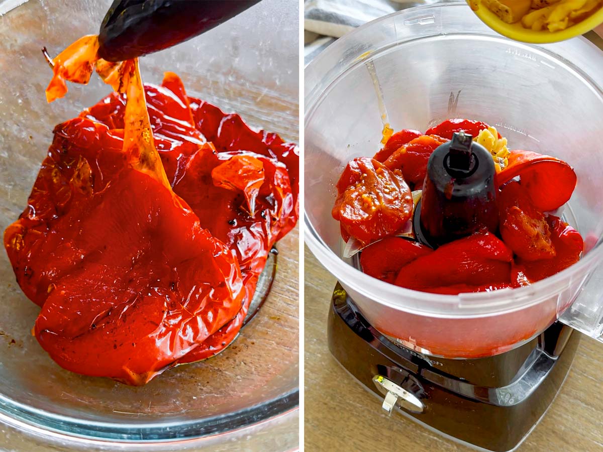 peeling skin off the roasted peppers and adding to the food processor