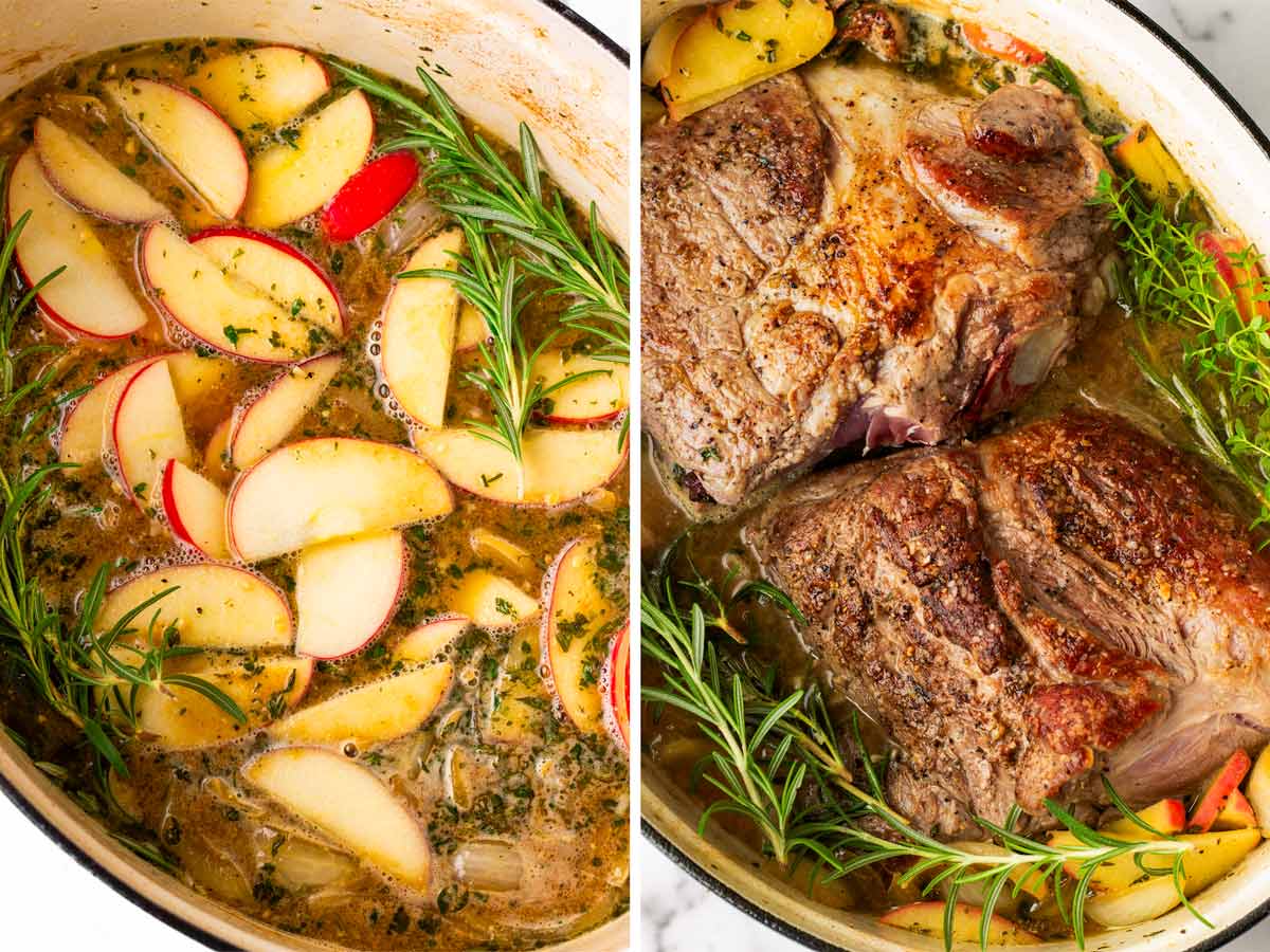 adding apples, herbs, and seared pork back into the dutch oven