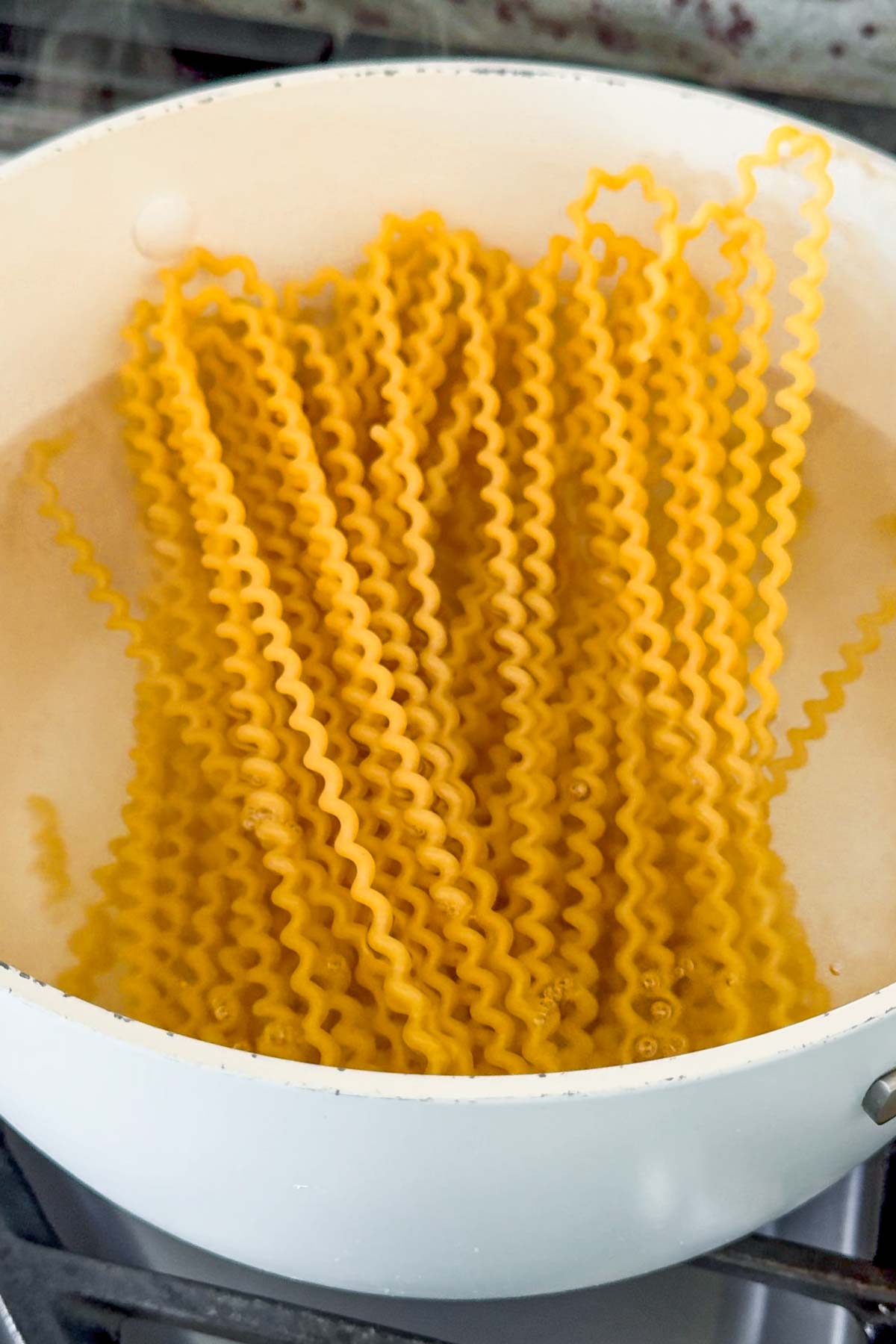 cooking curly long pasta in a pot